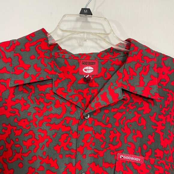 GB God Body Shirt Mens 2XL Red Grey Button Up Camp Collar Camo Y2k Streetwear - Picture 2 of 10